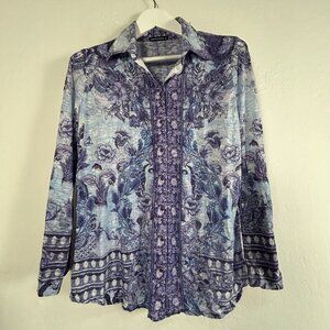 David Cline Womens Long Sleeve Button-Up Shirt Medium Ink Blue/Purple Floral